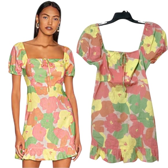 Revolve Sanctuary Fresh Breeze Floral Print Short Puff Sleeve Linen Dress Sz 4 - Picture 1 of 12